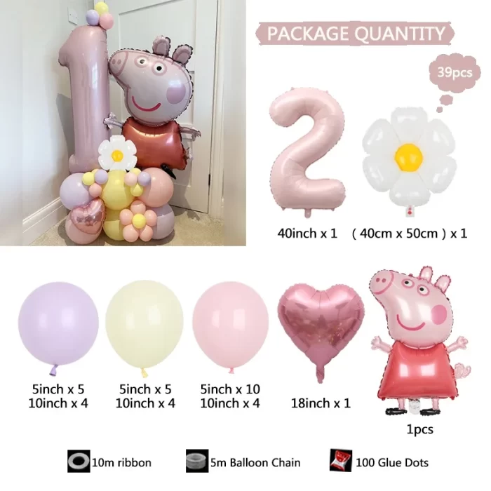 39pcs Peppa Pig Daisy Balloon Column Set 40inch Pink Number 1-9th Foil Balloons Macaroon Latex Globos for Girl Birthday Party 3