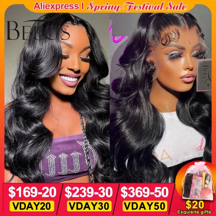 BEEOS 36in 250% Body Wave 13x6 HD Lace Frontal Wig Preplucked 13x4 HD Lace Frontal Human Hair Wigs For Women Melt Skin Brazilian 1