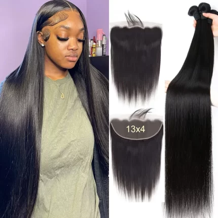 Bone Straight Human Hair Bundles With 13x4 HD Lace Frontal With Extensions Brazilian Weavings 3 Bundles With Closure for Women 1